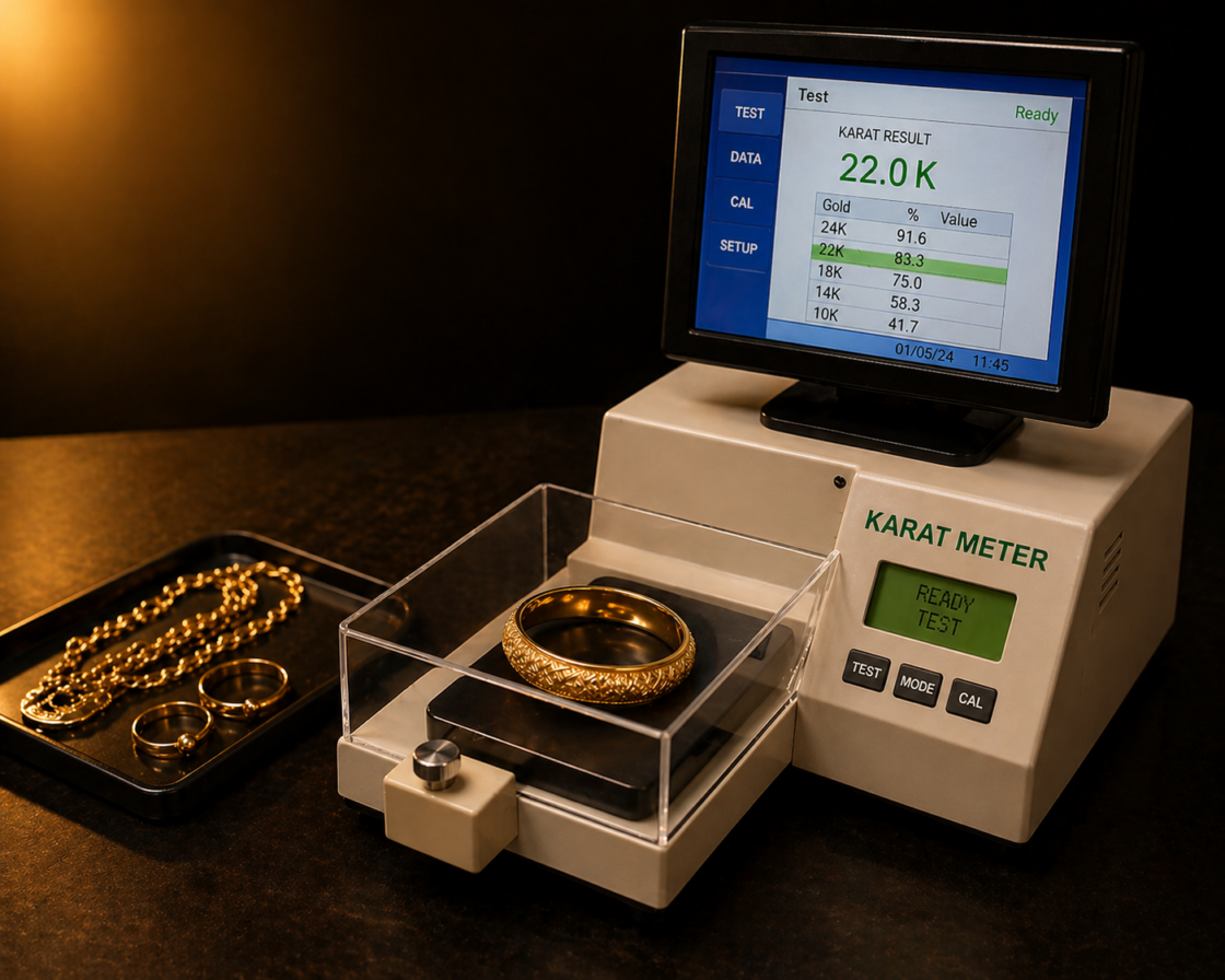 Digital karat meter machine testing gold jewellery purity at MH Gold Buyer