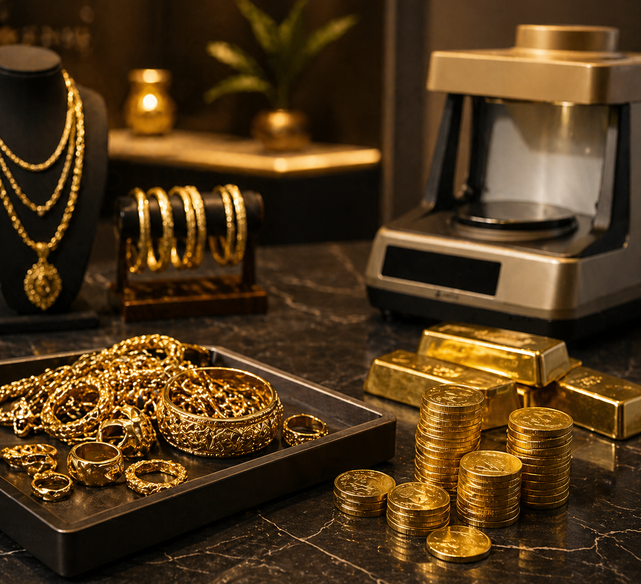 Gold jewellery, gold coins and gold bars being evaluated on a digital weighing machine at MH Gold Buyer