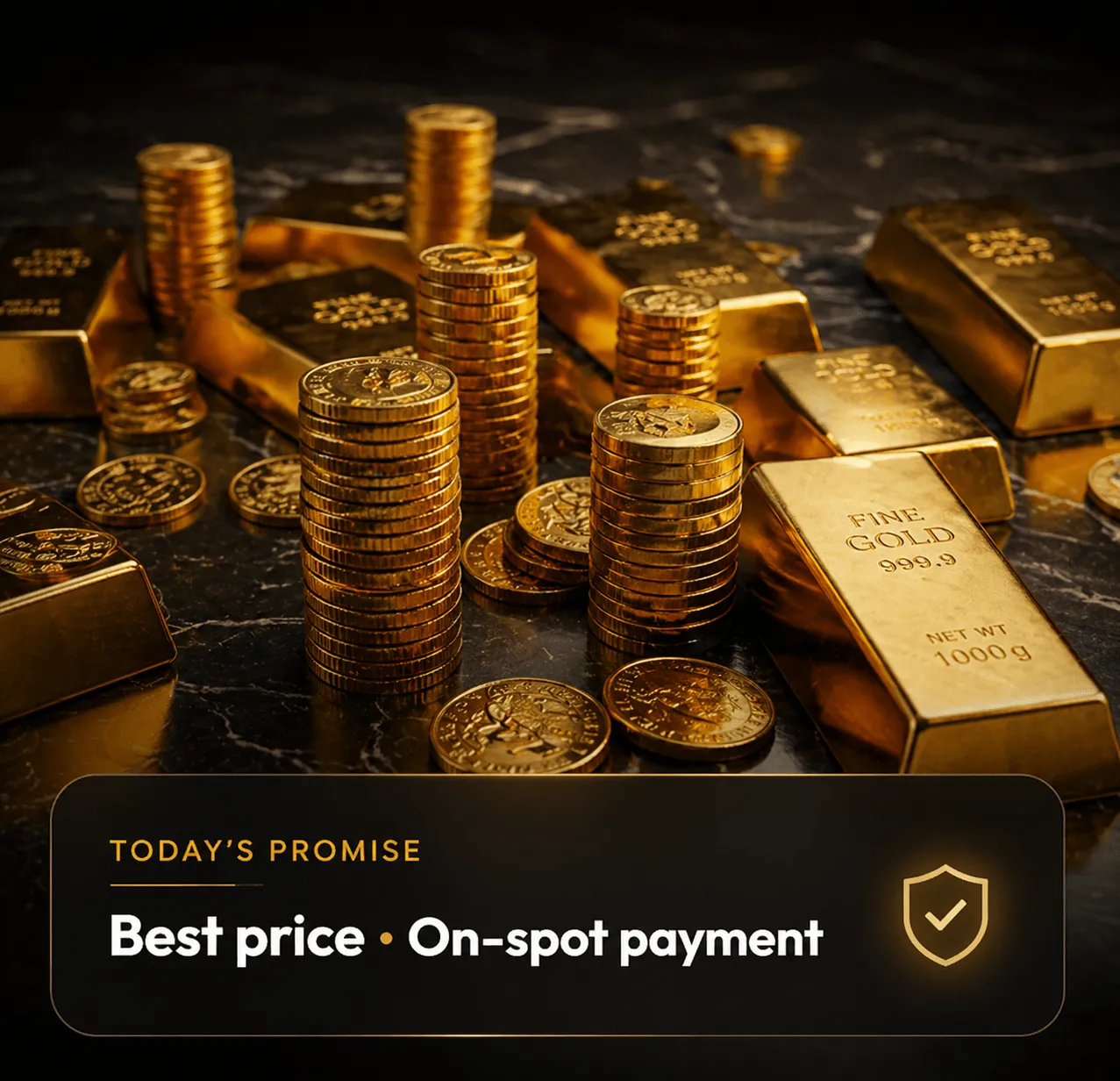 Gold bars and gold coins representing trusted gold buying service with best price and on-spot payment at MH Gold Buyer
