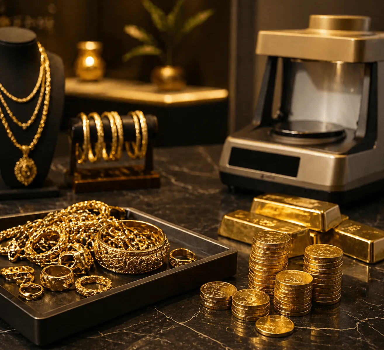 Gold jewellery, gold coins and gold bars being evaluated on a digital weighing machine at MH Gold Buyer